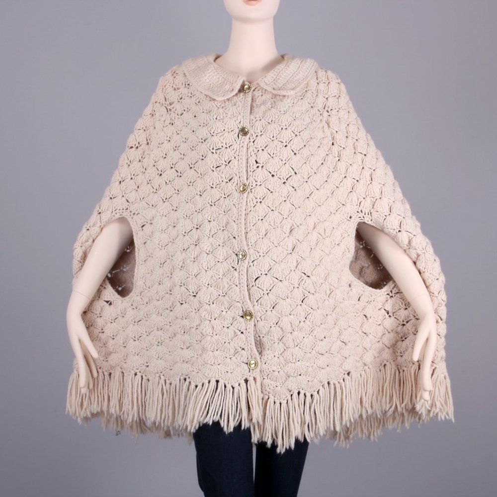 Vintage 60s Crochet Sweater Knit Fringe Poncho - Picture 1 of 6